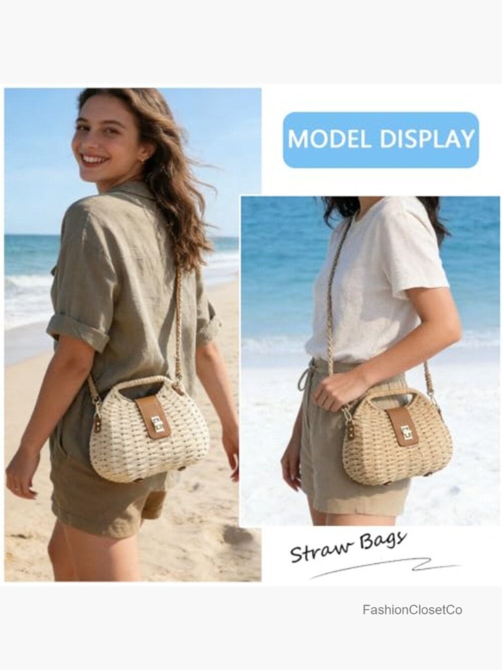Straw Crossbody Bag Boho Summer Beach Basket Purse Woven Wicker Shoulder Handbag - Picture 4 of 6